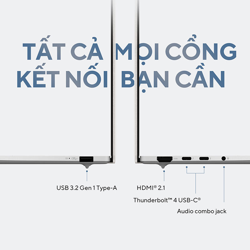 ASUS đã trang bị đầy đủ các cổng cần thiết như USB Type A, USB Type C, HDMI kích thước đầy đủ và jack âm thanh